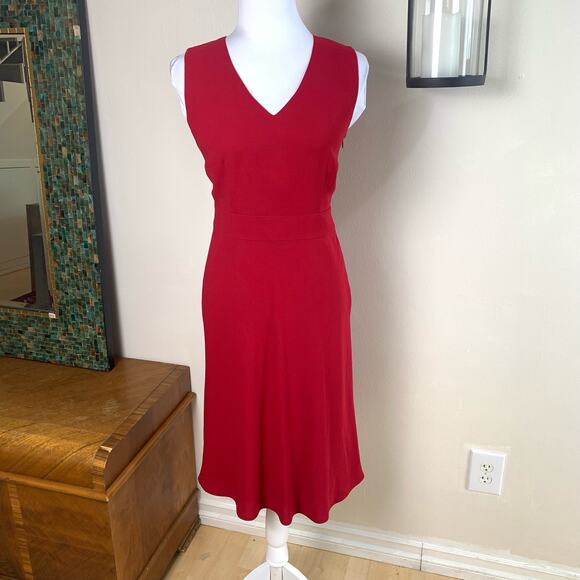 Ann Taylor LOFT Size 6 Wool Midi Dress Red V-Neck Sleeveless Holiday - Picture 3 of 8